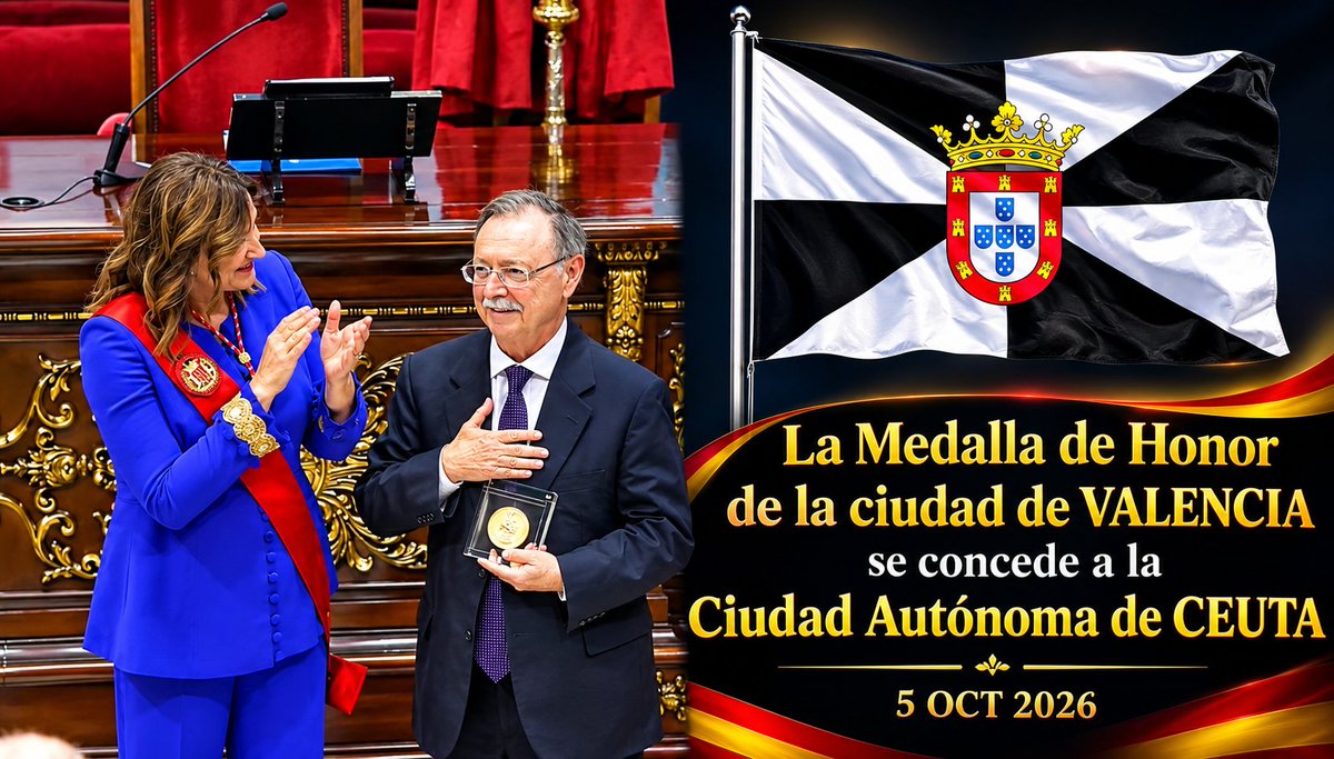 CanoRodriguezMA's tweet photo. Buen día para TODOS

El presidente de Ceuta, 🇪🇸 Juan Jesús Vivas, ha recibido la Medalla de Honor de Valencia para la ciudad de #Ceuta 🇪🇸 en un emotivo acto.

 "Un abrazo de Valencia al pueblo de Ceuta 🇪🇸 https://t.co/RJxU6wnSmB