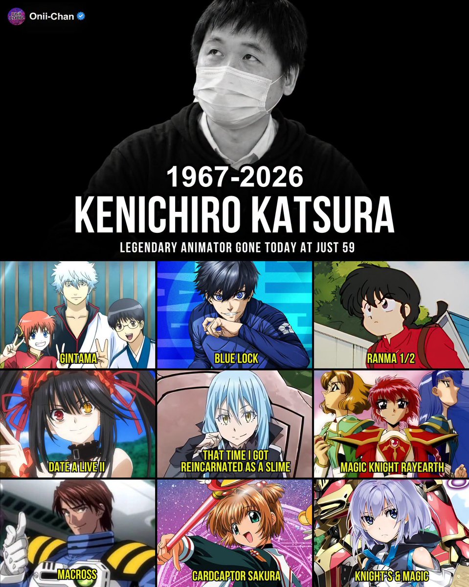 oniichanph's tweet photo. Anime just lost a legend whose work quietly connected generations of fans. 🕊️

Veteran animator, character designer and animation director Kenichiro Katsura has passed away at 59 while undergoing treatment for an illness.

Across more than four decades, Katsura worked on everything from classic anime to modern hits, sometimes designing entire casts and other times helping bring individual scenes to life.

Some of his notable works included:
- Macross 7 — character design / animation direction
- Knight’s & Magic — character design / chief animation director
- That Time I Got Reincarnated as a Slime — chief animation director
- SYNDUALITY Noir — character design / chief animation director
- Ranma ½ — key animation
- Magic Knight Rayearth — key animation
- Date A Live II — key animation
- Blue Lock Season 2 — key animation
- Gintama: The Movie 2026 – Yoshiwara in Flames — animation director
- The Fruit of Grisaia — chief animation director Anime
and many more!

From Ranma ½ and Macross 7 to Blue Lock and Slime, Katsura’s career became a bridge between different eras of anime.

His family’s final request was beautifully fitting: remember the characters and drawings you loved, and someday watch his work again.

The animator is gone, but thousands of frames carrying his hand will keep moving.

Rest in peace, Kenichiro Katsura. 🤍
