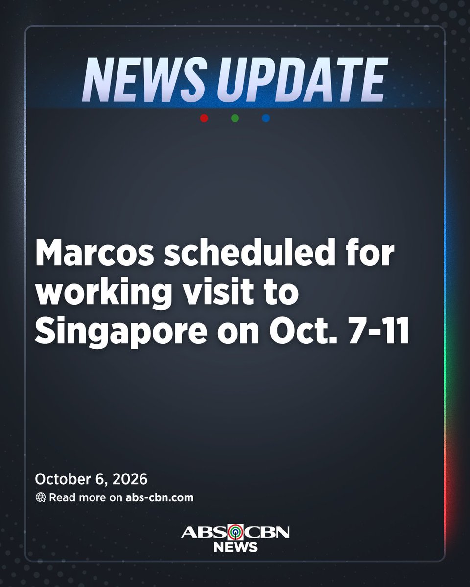 ABSCBNNews's tweet photo. Pres. Ferdinand Marcos Jr. will embark on a working visit to Singapore on October 7-11 upon the invitation of Prime Minister and Minister for Finance Lawrence Wong.

It is Marcos’ second visit to Singapore within the year which reflects “the continued importance placed on reinforcing bilateral cooperation,” according to the Department of Foreign Affairs. | via @HarleneDelgado