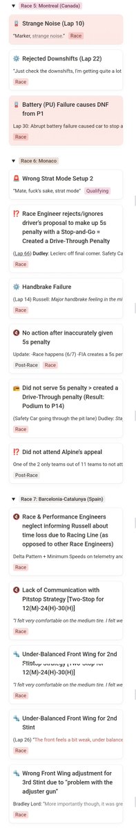 uruptosmth's tweet photo. saw someone looking for the compilation of Russell's car (non-driver-induced) issues

Here it is⬇️ from Race 1, Australia, to Race 13, Italy.
You can filter by session, importance, PU-related, etc.

will be updating Madrid, Baku, and Bahrain later today

https://t.co/pS0PTHhChn https://t.co/0dT8Ui1hIi