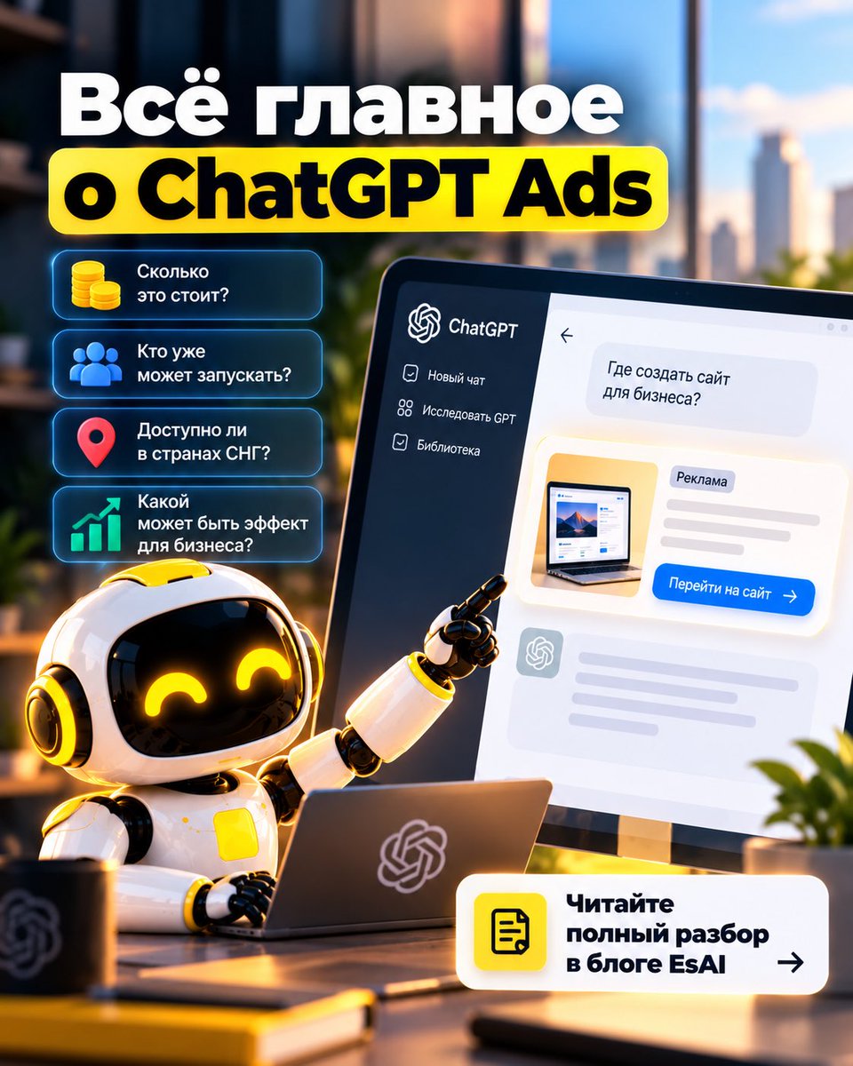 esaikg's tweet photo. А что, если реклама скоро будет показываться прямо в ChatGPT?

OpenAI развивает ChatGPT Ads — рекламу внутри ChatGPT.

Как она работает? Сколько стоит? Кто уже может запускать кампании? И доступна ли реклама для бизнеса из стран СНГ? https://t.co/GlvUqR6cPT