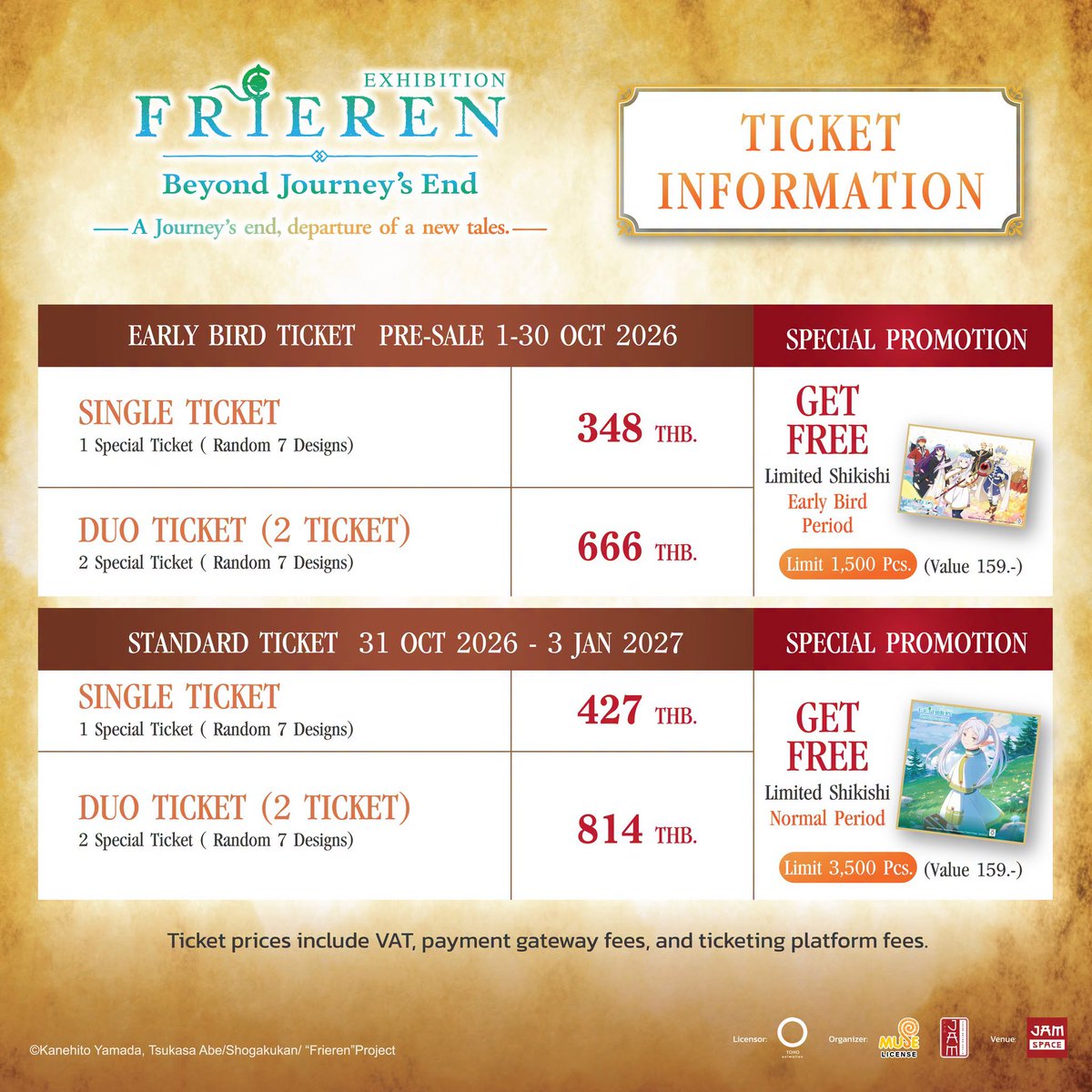 museacg_th's tweet photo. FRIEREN : BEYOND JOURNEY’S END EXHIBITION✨
— เมื่อการเดินทางหนึ่งสิ้นสุดลง เรื่องราวบทใหม่ก็เริ่มต้นขึ้น —
นิทรรศการที่จะชวนทุกคนกลับมาย้อนความทรงจำของการเดินทางร่วมกับ “ฟรีเรน” พร้อมสัมผัสความอบอุ่นของการพบพาน การจากลา และการเติบโตที่เกิดขึ้นตลอดเส้นทางการผจญภัย
ไฮไลต์ภายในงาน
 ✨ ย้อนความทรงจำหลังเหล่าผู้กล้าปราบจอมมารสำเร็จ
 ✨ ออกเดินทางครั้งใหม่ไปพร้อมกับฟรีเรน
 ✨ สัมผัสฉากการต่อสู้อันน่าประทับใจกับเหล่าปีศาจ
 ✨ ก้าวเข้าสู่สนามสอบเวทมนตร์ระดับหนึ่ง
 ✨ ร่วมกิจกรรม “Magic Quiz” เพื่อลุ้นรับโปสต์การ์ดพิเศษ
 ✨ พบกับโซนสินค้าลิขสิทธิ์พร้อมสินค้าพิเศษและโปรโมชั่นอีกมากมาย
🎟️ Early Bird Package
🗓️ เปิดจำหน่าย 1–30 ตุลาคม 2026 หรือจนกว่าสิทธิ์จะเต็ม
🎫 Single Ticket ราคา 348 บาท
(จากราคาปกติ 427 บาท)
🎫 Duo Ticket ราคา 666 บาท
(จากราคาปกติ 814 บาท)
🎁 รับฟรี Limited Shikishi – Early Bird Period ขนาด 12 × 12 ซม.
✨ จำนวนจำกัด 1,500 สิทธิ์แรก ที่มาแลกรับภายในงาน
🎟️ Normal Ticket Package
🎫 Single Ticket ราคา 427 บาท
🎫 Duo Ticket ราคา 814 บาท
🎁 รับฟรี Limited Shikishi – Normal Period ขนาด 12 × 12 ซม.
✨ จำนวนจำกัด 3,500 สิทธิ์แรก ที่มาแลกรับภายในงาน
✅ ราคาบัตรทุกประเภทรวมภาษีมูลค่าเพิ่ม ค่าธรรมเนียมระบบ และค่าธรรมเนียมช่องทางการชำระเงินแล้ว
FRIEREN : BEYOND JOURNEY’S END EXHIBITION
— เมื่อการเดินทางหนึ่งสิ้นสุดลง เรื่องราวบทใหม่ก็เริ่มต้นขึ้น —
นิทรรศการที่จะชวนทุกคนกลับมาย้อนความทรงจำของการเดินทางร่วมกับ “ฟรีเรน” อีกครั้ง พร้อมสัมผัสความอบอุ่นของการพบพาน การจากลา และการเติบโตที่เกิดขึ้นตลอดเส้นทางการผจญภัย
📍 สถานที่: JAM SPACE, MBK Center ชั้น 4 โซน A
 🗓️ ระยะเวลาจัดงาน: 31 ตุลาคม 2026 – 3 มกราคม 2027
 ⏰ เวลาเปิดให้เข้าชม: 11:00–21:00 น.
 เข้าชมรอบสุดท้าย 20:30 น.
✨ วันที่ 31 ตุลาคม 2026
 เปิดให้บุคคลทั่วไปเข้าชมเวลา 15:00–21:00 น.
 เข้าชมรอบสุดท้ายเวลา 20:30 น.
✨ ตั้งแต่วันที่ 1 พฤศจิกายน 2026 เป็นต้นไป
 เปิดให้บุคคลทั่วไปเข้าชมเวลา 11:00–21:00 น.
 เข้าชมรอบสุดท้ายเวลา 20:30 น.
📍ซื้อบัตร Early Bird ราคาพิเศษแล้ววันนี้ทาง Ticketmelon  
หรือคลิก > https://t.co/lNSXNIuDe7
#FrierenExhibitionTH #นิทรรศการคำอธิษฐานในวันที่จากลา
 #JapanAnimeMovieThailand #JAMSPACE #Muse