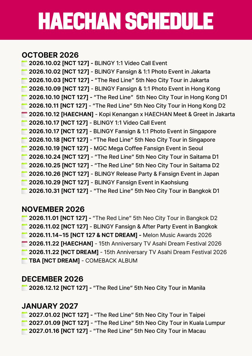 HaechanTeamPH's tweet photo. HAECHAN SCHEDULE [2026-2027]

#HAECHAN #해찬
#NCT127 #NCTDREAM https://t.co/5x4KVCKG9i