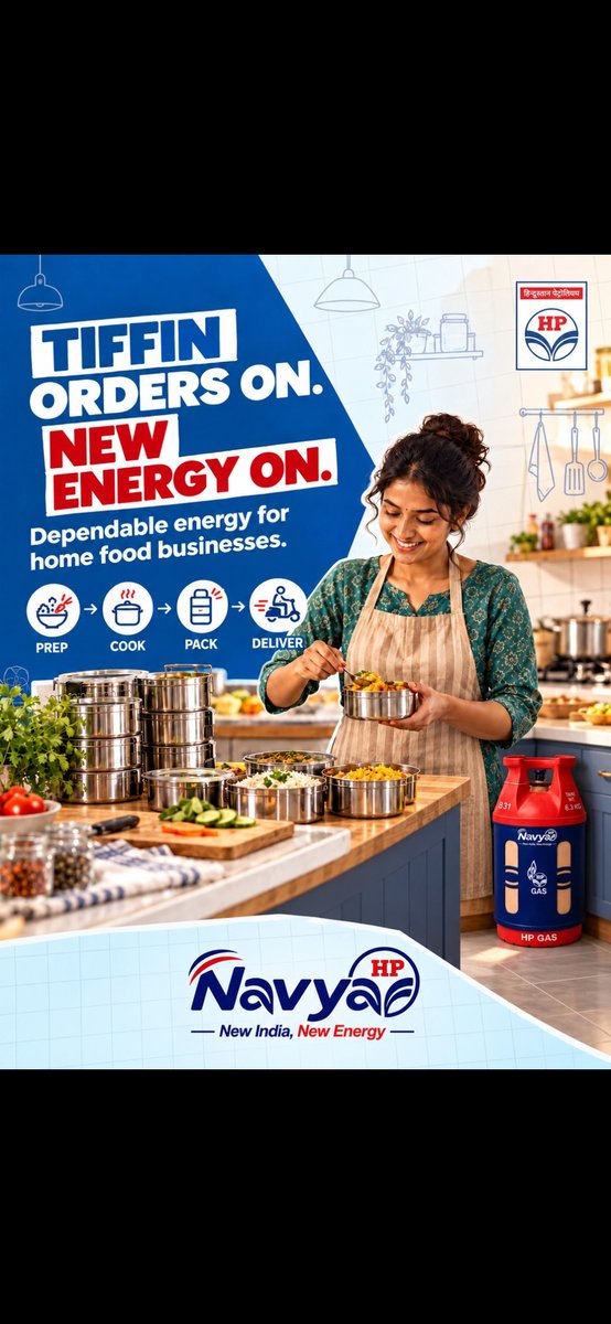 HPNAGPURLPG's tweet photo. Tiffin orders on. New Energy on. 🍱

Your recipes bring the comfort. HP Navya brings convenient LPG to your home food business.

Prep. Cook. Pack. Deliver.
Serve big dreams, one tiffin at a time.

#HPNavya #NewIndiaNewEnergy #HomeChefs @HPCL @HPGAS_HQO https://t.co/XS5B2WRp4v