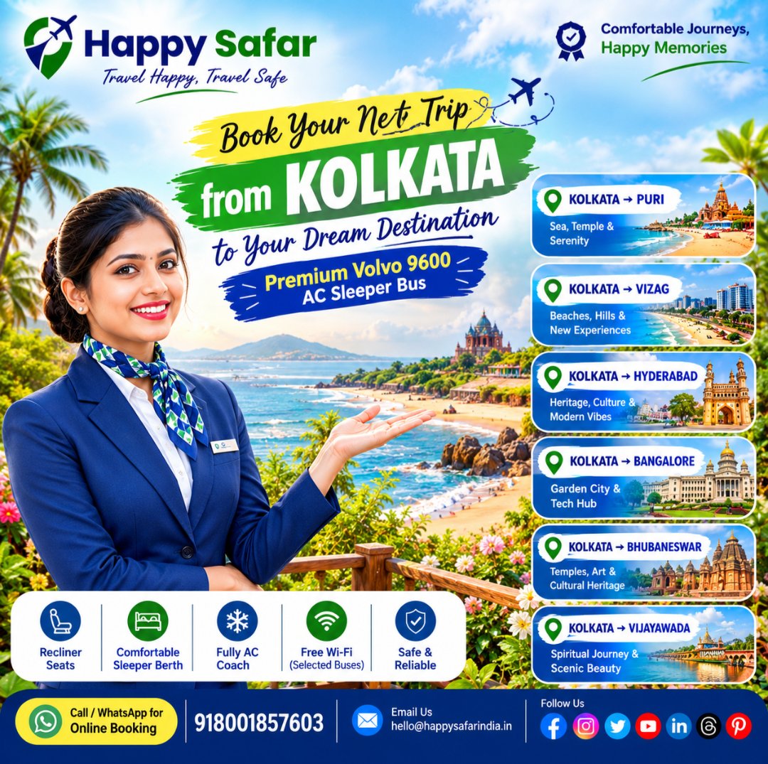 HappySafarIndia's tweet photo. Travel from Kolkata to Puri, Vizag, Hyderabad, Bangalore, Bhubaneswar & Vijayawada with premium AC sleeper comfort. 🚌✨
Book your next trip with Happy Safar 😍
#HappySafar #TravelHappyTravelSafe #BusBooking #Kolkata #Puri #Vizag #Hyderabad #Bangalore #Bhubaneswar #Vijayawada https://t.co/5Mo53zLIaa