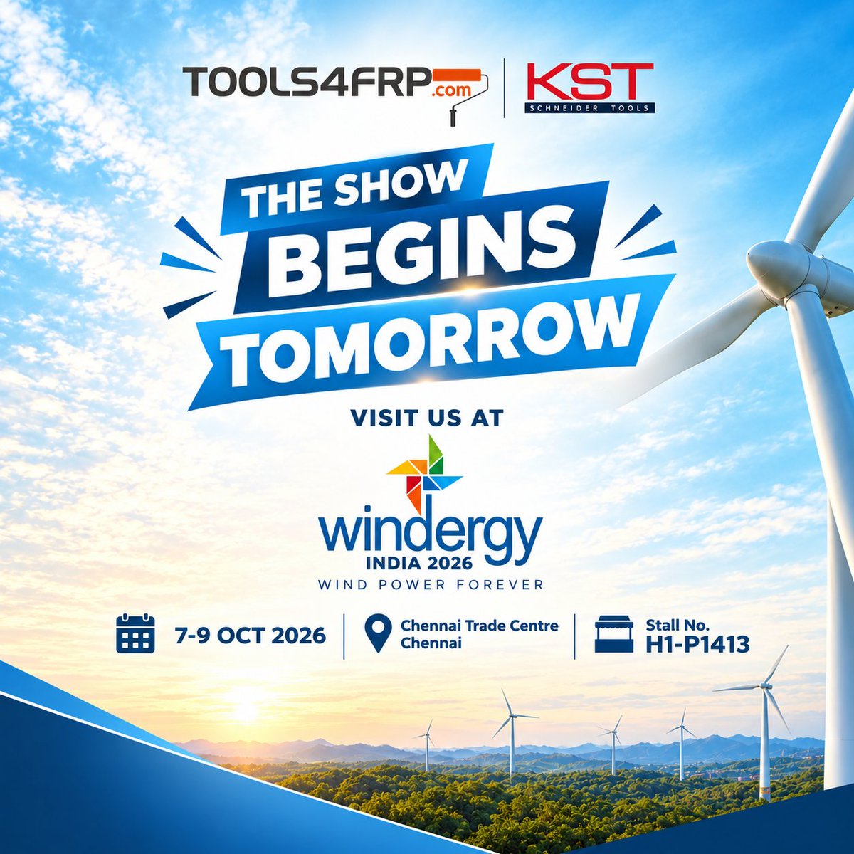 tools4frp160967's tweet photo. Wait is almost over! We’re excited to be part of Windergy India 2026 &amp; look forward to connecting with industry leaders, partners, and innovators shaping the future of wind energy.
Come meet us, exchange ideas, &amp; explore new possibilities for a stronger, more sustainable tomorrow https://t.co/09G3v9ddaA