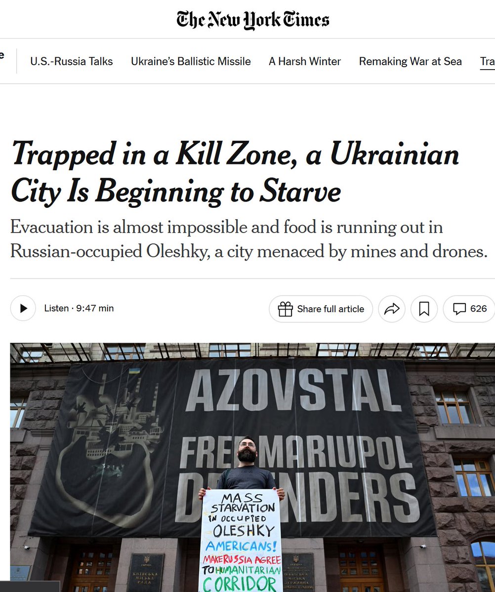 AlanRMacLeod's tweet photo. Let's talk about this New York Times headline, and what it reveals about bias, propaganda, and how corporate media cue you to get outraged about some violence and ignore others 🇺🇦🇵🇸

1) Let's start with the title: "Trapped in a Kill Zone, a Ukrainian City is Beginning to Starve". 

Check the incredibly emotive language. Barbaric Russia has turned an entire city into a "kill zone". I checked the archive, and the NY Times has NEVER described Gaza as a "kill zone," despite the numbers of slain there dwarfing Oleshky.  

In summary, the language spurs the reader to get outraged. "Something must be done about this" is the clear implication.

2) "Russian-occupied Oleshky" -- this is an accurate phrase, but telling nonetheless. Want to guess how many times the New York Times has used the phrase "Israeli-occupied Gaza" to describe the situation there? 

Zero. In fact, you have to go back to 1993 to see that phrase appear in the New York Times -- before most people reading this were probably born. 

Ask yourself why that is. How can the newspaper of record go 30+ years without using such a matter-of-fact phrase, while using it virtually daily when it comes to Russia 🇷🇺 and Ukraine 🇺🇦.

3) "Menaced" -- Again with the emotive language. I checked the New York Times archive database, and could find zero examples in the past 50 years of the Times using the word "menace" to describe what Israel is doing to Palestine, Lebanon, or any of its other neighbors. But Iran and Hamas? They were regularly described as not only a menace to Israel, but often the world. 

These things don't happen by accident, and they reveal the deep structural and ideological biases at play in media, even in something as short as a headline and subheadline. There is an enormous amount of information, views, and propaganda encoded in just a few words -- propaganda that you will unwittingly swallow unless you are critically assessing everything you read, see, and hear. 

4) Finally, I have to comment on the image used to illustrate the article. The Azovstal Defenders were largely made up of men from the Azov Battalion, a Neo-Nazi paramilitary group that has been subsumed into the Ukrainian Armed Forces. 

In the years before the 2022 invasion, the New York Times accurately described them as Nazis, but that quibble has now been put to the side.

5) This is not meant to be an anti-Ukraine post, claiming they receive special treatment. I'm merely trying to highlight how corporate media frame certain wars, presenting certain invasions as outrageous war crimes, while sanitizing and tacitly supporting others. 

The key is to educate yourself in critical media literacy so you can see through the propaganda and make your own, informed judgements. See groups like @ProjectCensored and others for resources on media literacy.