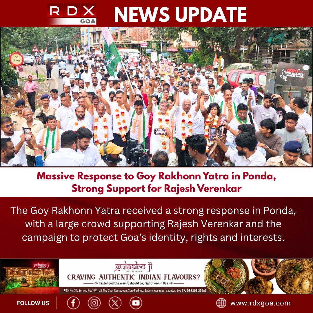 rdxgoa's tweet photo. The Goy Rakhonn Yatra received a strong response in Ponda, with a large crowd supporting Rajesh Verenkar and the campaign to protect Goa’s identity, rights and interests.
#GoyRakhonnYatra #RajeshVerenkar #Ponda #Goa #SaveGoa #GoaIdentity #GoaRights #GoaPolitics #Congress https://t.co/pwjK6gIdSo