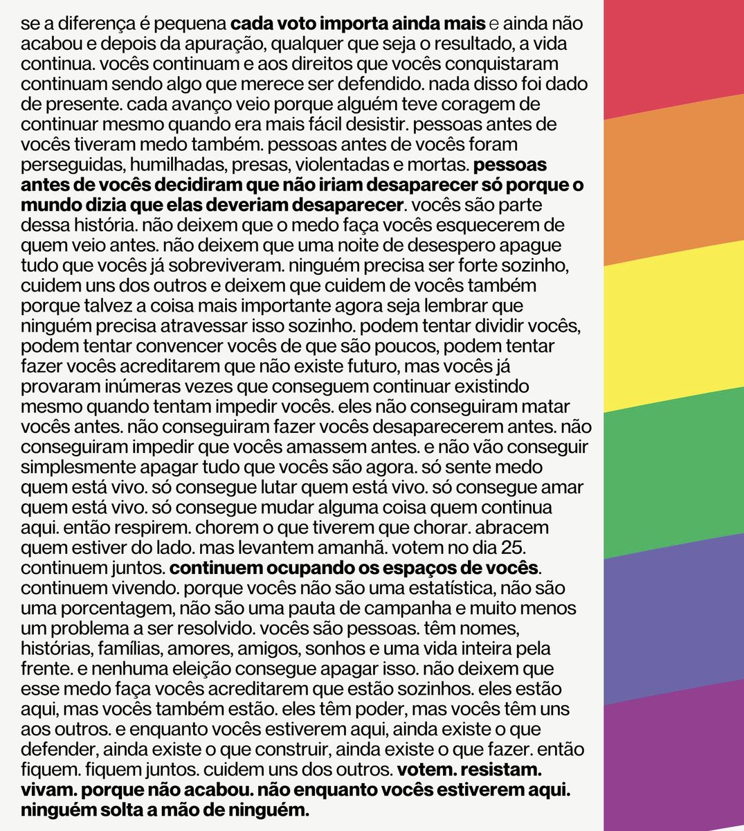 Fluminista's tweet photo. Carta aberta aos LGBTQIA+:

Não sei se alguém vai chegar a ler isso mas após ver tantas mensagens dolorosas, me sinto na obrigação de postar.

A sua morte é a vitória deles.

Fiquem vivos por vocês, pelos seus, por todos nós e votem dia 25, não é impossível. 

🏳️‍⚧️❤️🏳️‍🌈 https://t.co/GUzMUEhnAg