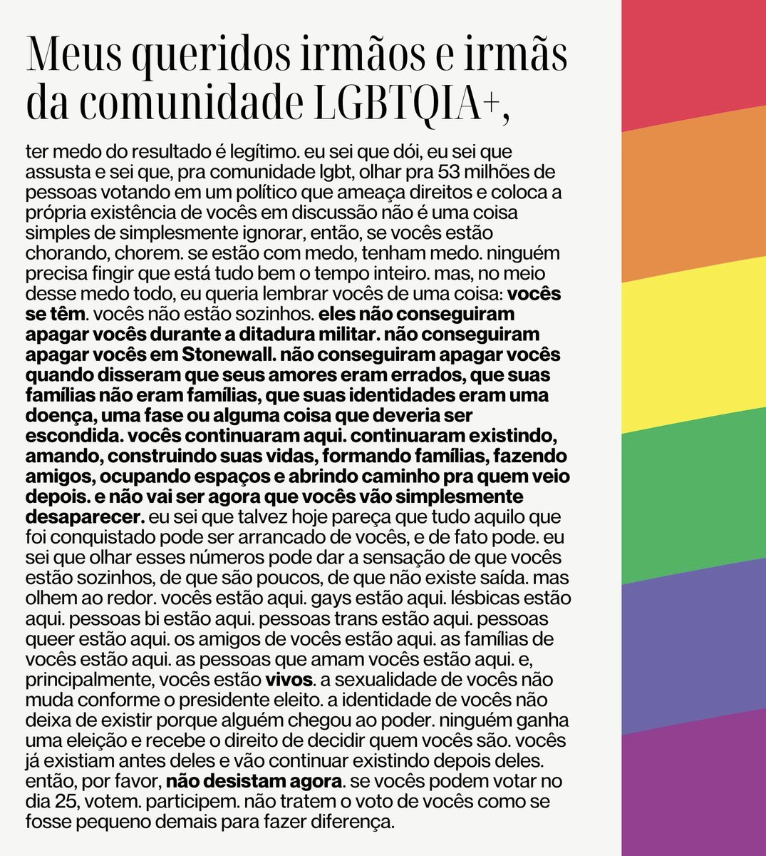 Fluminista's tweet photo. Carta aberta aos LGBTQIA+:

Não sei se alguém vai chegar a ler isso mas após ver tantas mensagens dolorosas, me sinto na obrigação de postar.

A sua morte é a vitória deles.

Fiquem vivos por vocês, pelos seus, por todos nós e votem dia 25, não é impossível. 

🏳️‍⚧️❤️🏳️‍🌈 https://t.co/GUzMUEhnAg