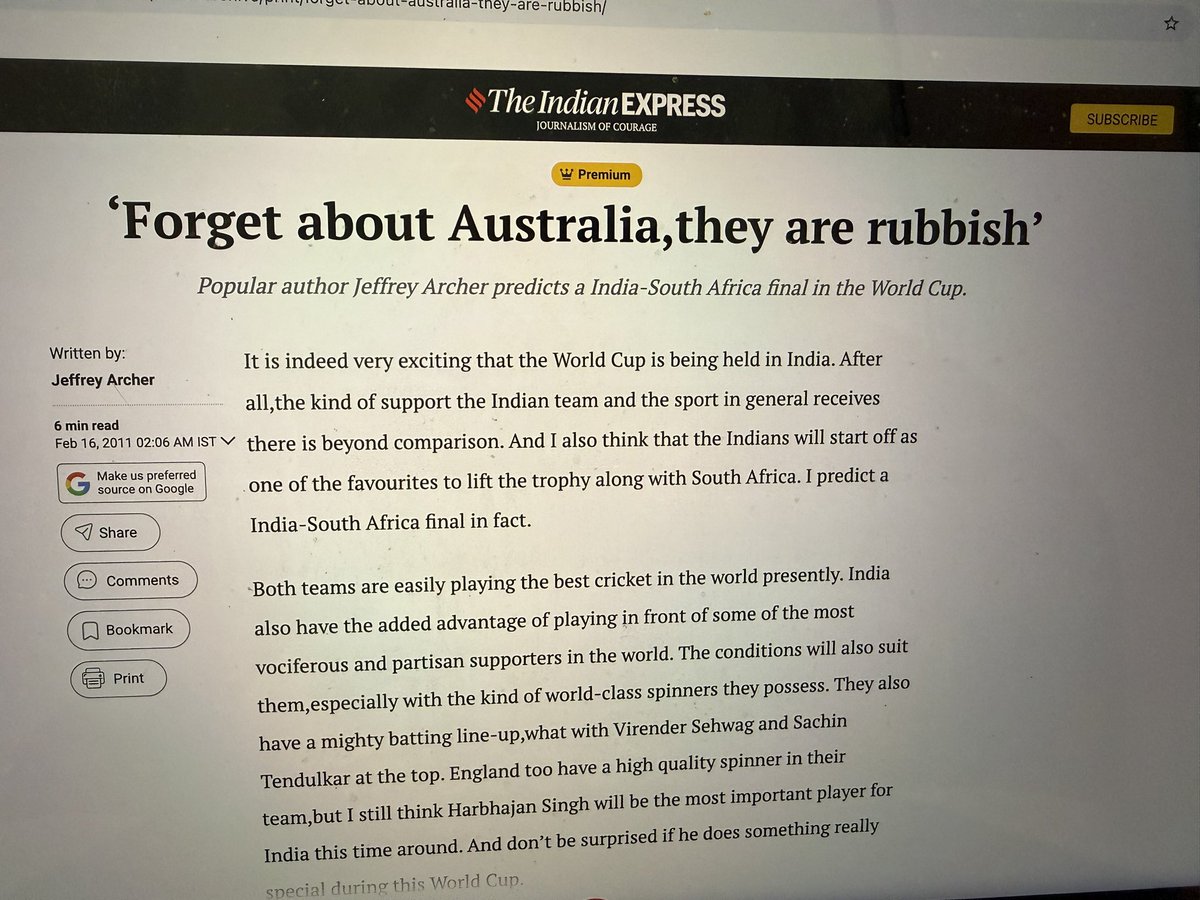 beastieboy07's tweet photo. Had the absolute pleasure of interviewing Jeffrey Archer before the 2011 World Cup &amp; he couldn’t stop raving about his love for cricket and for India. He clearly didn’t have much time for the Aussies https://t.co/0fjx3aqB58