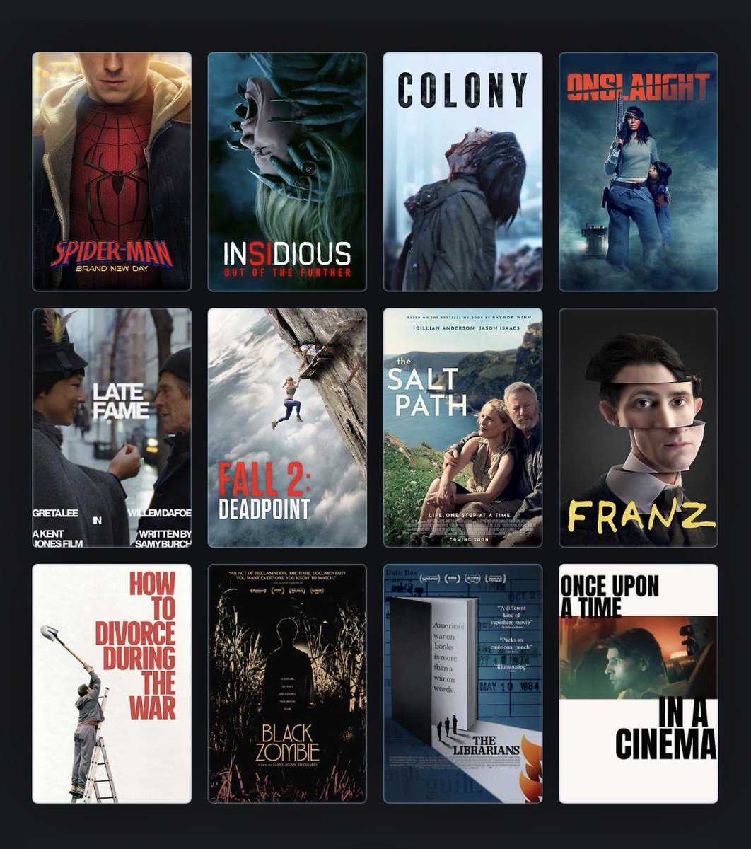 LifeIsAFilmFest's tweet photo. New releases on digital VOD:

Spider-Man: Brand New Day
Insidious: Out of the Further
Colony
Onslaught
Late Fame
Fall 2: Deadpoint
The Salt Path
Franz
How to Divorce During the War
Black Zombie
The Librarians
Once Upon a Time in a Cinema

#movie hd 4k

You can find more info about the films via this Letterboxd list that has all the most recent digital VOD releases:
https://t.co/muqGqe6ptb