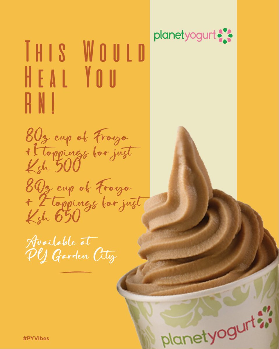 PlanetYogurt's tweet photo. A little froyo break is even recommended! Visit the Garden City Kiosk and have a swirl.
8Oz cup of froyo + 1 topping at Ksh 500
8Oz cup of froyo + 2 toppings at Ksh. 650
Available at the PY Kiosk at Garden City.
#PYVibes https://t.co/yGLtnCMaF1