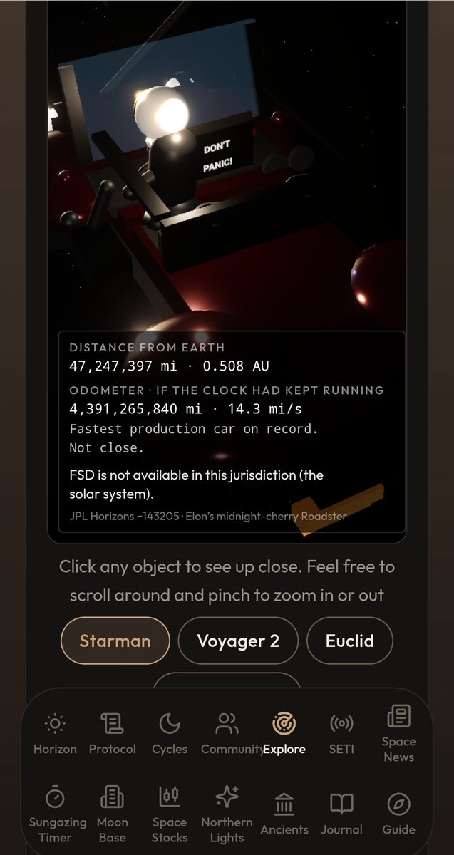IamBaldJesus's tweet photo. @elonmusk Your Roadster has been on cruise control since Feb 6, 2018. Where is it and how many miles does it have? I made an app with build called Aurelia, check out all your objects in space in the explore tab. Dash still says Don't Panic. https://t.co/OobrI1tW8V https://t.co/FumqJfbYe2