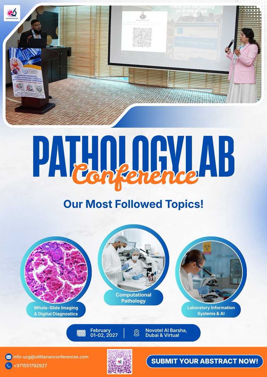 EPUCGCongress's tweet photo. The Global Pathology, Diagnostics, Laboratory Medicine Conference &amp; Business Expo, scheduled to take place in Dubai, UAE from February 01-02, 2027.

https://t.co/9paWVA48Vs

#PathologyUCG #PathologyLAB #Pathologists #DigitalPathology #PathologyConference #PrecisionMedicine https://t.co/2K4OMArCwX
