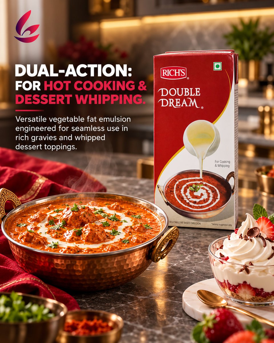 ChoiceFoodstuff's tweet photo. Rich's Double Dream delivers reliable performance for hot cooking and whipping—adding smooth texture to sauces &amp; curries while creating stable peaks for cakes, mousses &amp; desserts.

👉Order: https://t.co/65crNwHISz

#Cream #WhippingAndCooking #HORECA #FoodServiceUAE #PremiumChoice https://t.co/3jvAt8epxS