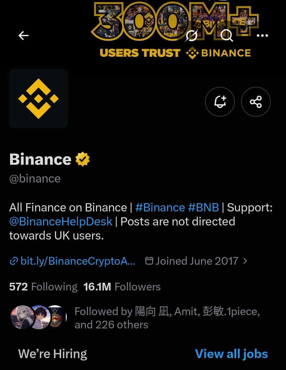 crypto_bull099's tweet photo. Congratulations @binance on reaching 16.1 MILLION followers! 🎉

A true legend in the crypto space. More growth, more success, and more milestones ahead! 🚀 https://t.co/zYpTFSsU7U
