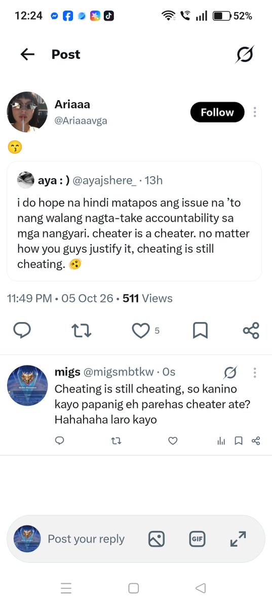 migsmbtkw's tweet photo. Kaya pala si chog ang binabash kase baka si chog ang gusto nila mag take ng accountability sa away ng 2 cheater 🤣🤣 HAHAHAHAHAHAHAHAHA LARO https://t.co/CNQKpQersl