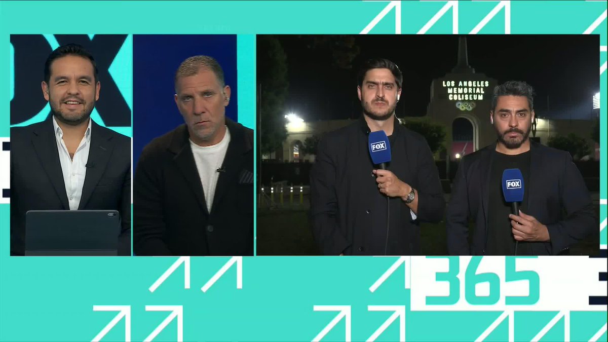A Fox News broadcast titled '365' features a studio anchor on the left and two reporters standing outside the Los Angeles Memorial Coliseum at night.