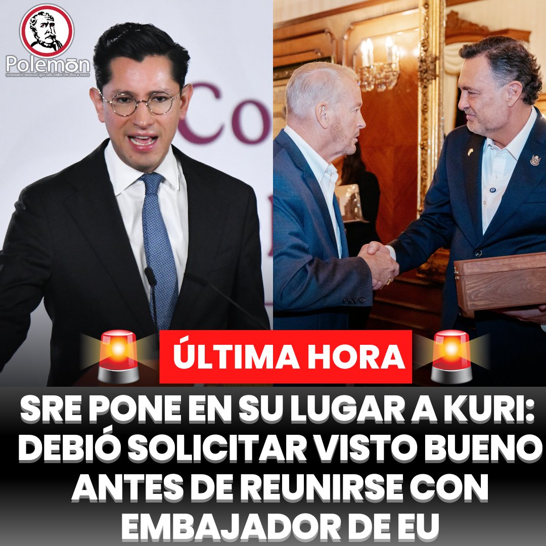 revistapolemon's tweet photo. 🚨 #ÚLTIMAHORA La @SRE_mx puso en su lugar al gobernador panista de Querétaro, Mauricio Kuri (@makugo). 

Le recordó que antes de reunirse con el embajador de Estados Unidos debió solicitar el visto bueno del Grupo de Alto Nivel de Seguridad.

El canciller Roberto Velasco (@r_velascoa) ya conversó con el gobernador por instrucciones de la Presidenta @Claudiashein. 

Más detalles en la NOTA 👇
https://t.co/k6xXQwQVat