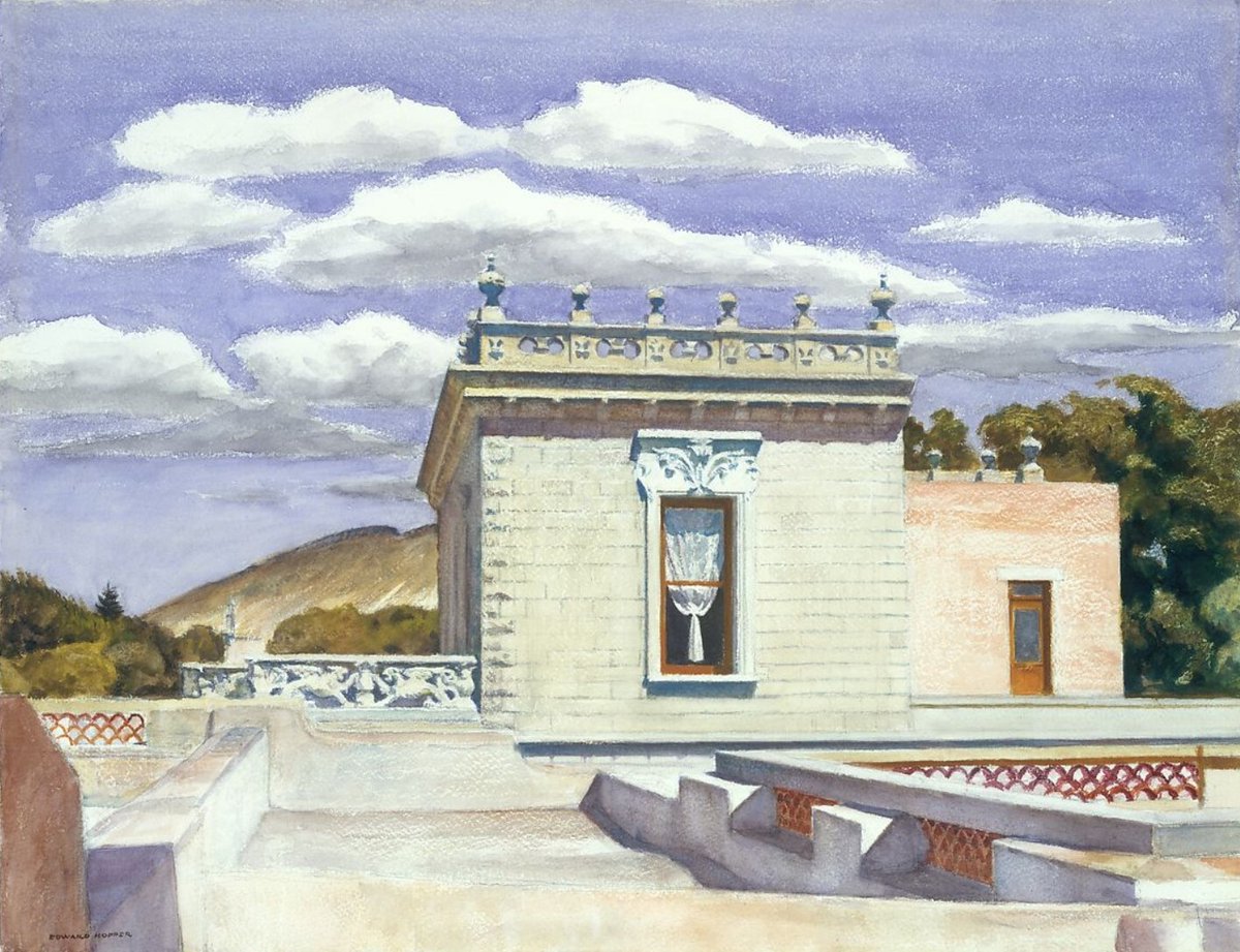 artisthopper's tweet photo. Edward and Jo Hopper traveled to Mexico during World War II. Hopper's watercolors from the period show foreign architecture blending with his familiar style. In Saltillo Mansion (1943), he uses sharp geometry and hard light to generate quiet urban suspense. #artbots #hopper https://t.co/9JKx2M3iyr