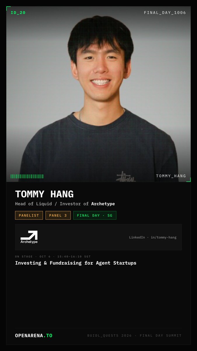OpenArena_To's tweet photo. Meet @thatdegenvc — Panel: Investing &amp; Fundraising for Agent Startups.

Investing at @archetypevc on how early-stage agent startups get funded — and what founders should prove first.

16:00–16:30 · Final Day · CHIJMES https://t.co/BpzM5Vk43m
