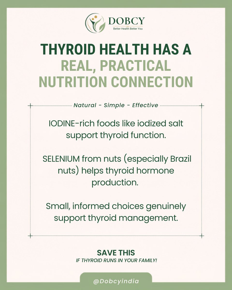 dobcyindia's tweet photo. Thyroid health has a real nutrition connection.

Iodine: use iodized salt.
Selenium: 1–2 Brazil nuts a day, or eggs, fish, sunflower seeds.

On thyroid meds? Food supports treatment, never replaces it.

Save this.
#ThyroidHealth #Nutrition https://t.co/LS9ThAk2Od