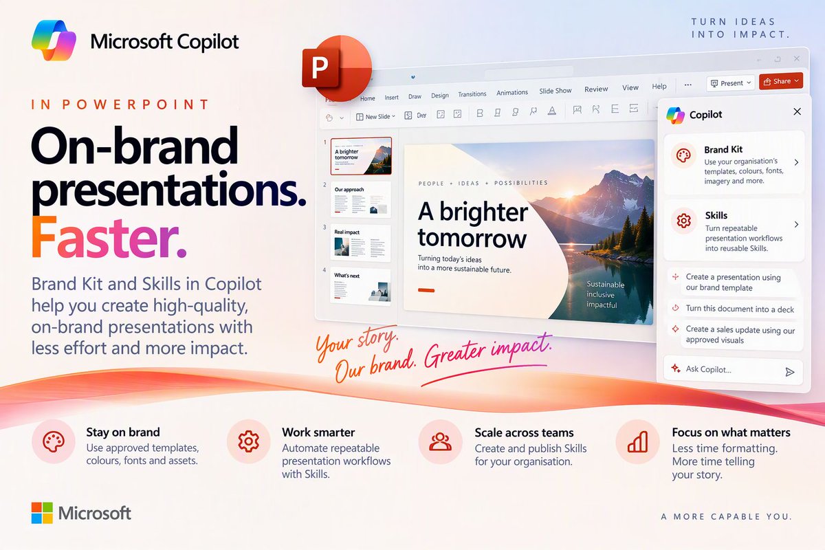 AlphaBalzer's tweet photo. Copilot in PowerPoint is getting seriously powerful. 🚀

🎨 Brand Kit for your organisation’s visual identity
 🧠 Skills for repeatable workflows
 🔄 Create your own reusable Skills
 🏢 Organisations can publish approved Skills

📎 https://t.co/5CA9aadhp4 https://t.co/ZyofgYBivB