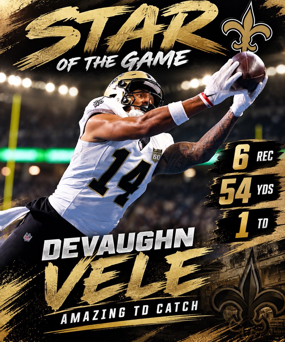 HiddenStarsCo's tweet photo. ⭐ STAR OF THE GAME: DEVAUGHN VELE ⭐

It could have gone to Olave but it could go to Olave every week so I’m going with Vele tonight. 

He showed up tonight with 6 catches for 54 yards and a TD, capped off by an incredible grab in the back of the end zone. 🔥

The way he’s playing right now, that trade with Denver is looking more and more like an absolute steal for the Saints.

6 REC | 54 YDS | 1 TD

#DeVaughnVele #Saints #NewOrleansSaints
