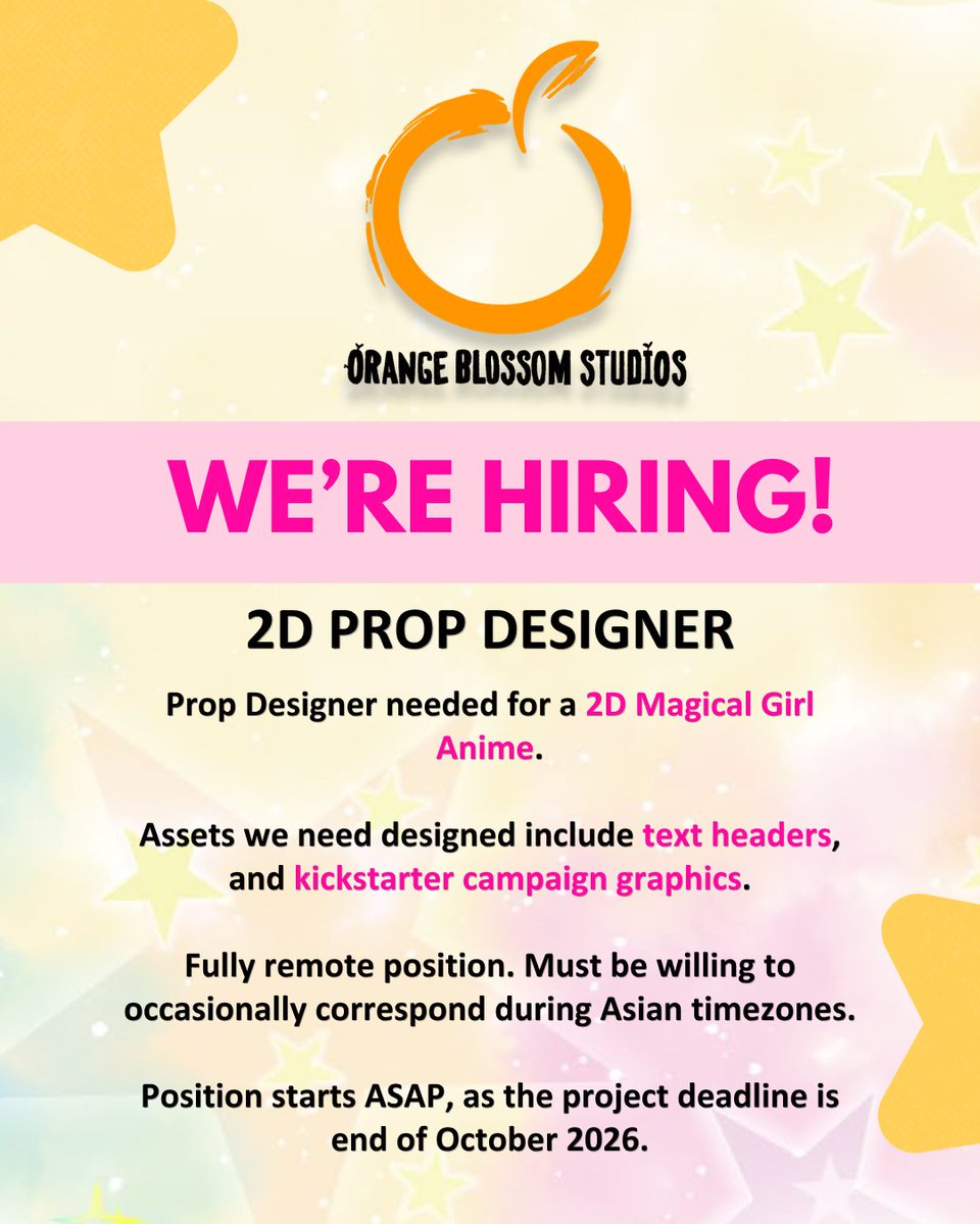 Fumi_chun's tweet photo. WE'RE HIRING! 

Prop Designer needed for a 2D Magical Girl Anime. Starts ASAP.

Assets we need designed include text headers, and KS campaign graphics.

Fully remote position. Must be willing to occasionally correspond during Asian timezones.

APPLY HERE
https://t.co/802ojUCgxj https://t.co/LT7tWPtIki
