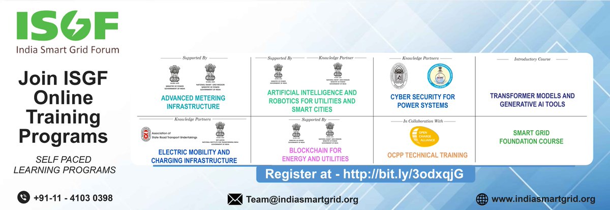 IndiaSmartGridF's tweet photo. Elevate your expertise with Online Programs at your own pace. Gain in-depth knowledge on the topics such as:

#AMI | #CyberSecurity #ElectricMobility | #AI &amp; #Robotics | #SmartCities | #Blockchain for #Utilities |  #OCPP | #SmartGrid | #AI Tools

https://t.co/Uc2Vi8OhNJ https://t.co/VrZwOBOU2Y