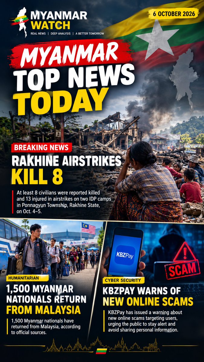 Myanmar_Watch12's tweet photo. ๐ฒ๐ฒ Myanmarโs top stories today โ Rakhine airstrikes, Myanmar nationals returning from Malaysia, and new online scam warnings. Stay informed. ๐ฐ
#MyanmarWatch #MyanmarNews #Myanmar #BreakingNews #WhatsHappeningInMyanmar https://t.co/dtoGYzqN1I