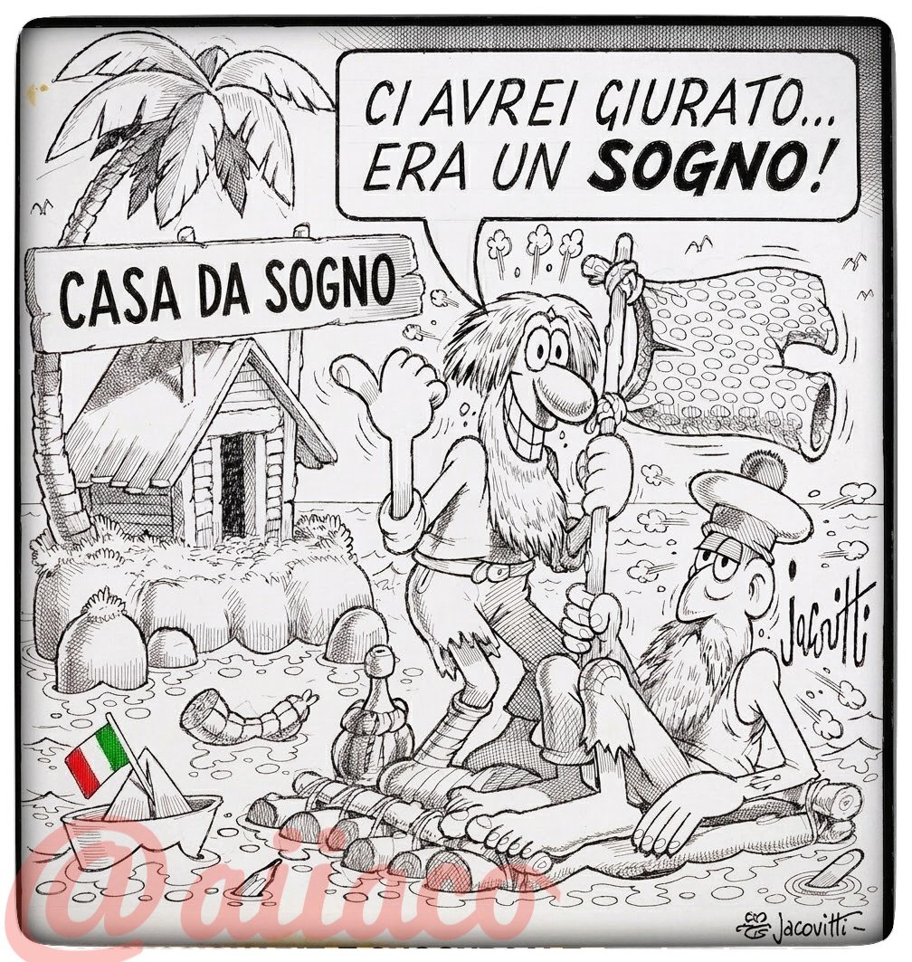 aiiaco's tweet photo. Buongiorno #Jacofollowers 

Il mercato immobiliare oggi: ti vendono una capanna su uno scoglio al prezzo di un attico, chiamandola "soluzione dinamica intergenerazionale". E per il mutuo serve l'ipoteca sulla vita precedente.

#Jacovitti https://t.co/R36W6gmlns