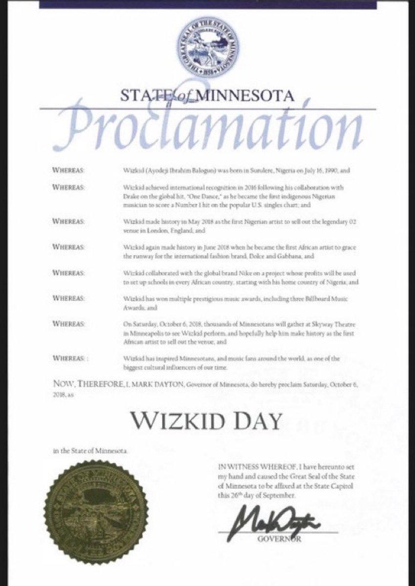 blackebony28's tweet photo. 🚨 October 6th — officially Wizkid Day in the State of Minnesota (since 2018) 🇺🇸 

Celebrating the global icon, the Starboy who put Africa on the map! 
From Lagos to the world today! 🌍 

Happy Wizkid Day 🥳 🦅🦅🦅 https://t.co/jwjq4ThVGN