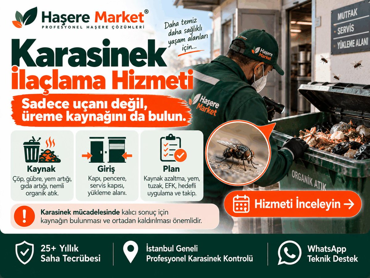 haseremarket's tweet photo. 🪰 KARASİNEK İLAÇLANIYOR AMA YİNE Mİ GELİYOR?

Masadaki sineği öldürmek kolay. Asıl soru şu:
🎯 Sinek nerede çoğalıyor?

🗑️ Çöp ve organik atık
🐄 Gübre ve yem artığı
🍽️ Gıda kalıntıları
🚪 Açık servis kapıları ve pencereler
💧 Nemli drenaj ve atık hatları

Karasinek kontrolünde;
✅ kaynak azaltma
✅ yem ve tuzak
✅ EFK
✅ giriş kontrolü
✅ hedefli uygulama
aynı planın farklı parçalarıdır.

⚠️ Kaynak devam ediyorsa yalnız uçan erginleri azaltmak kalıcı çözüm sağlamaz.

📍 İstanbul Geneli Profesyonel Karasinek İlaçlama
🛡️ 25+ yıllık saha tecrübesi

👉 Hizmeti inceleyin:
https://t.co/DxSvXniGNm

#Karasinek #Karasinekİlaçlama #HaşereMarket

Google'da Haşere Market
https://t.co/br74hzq62B