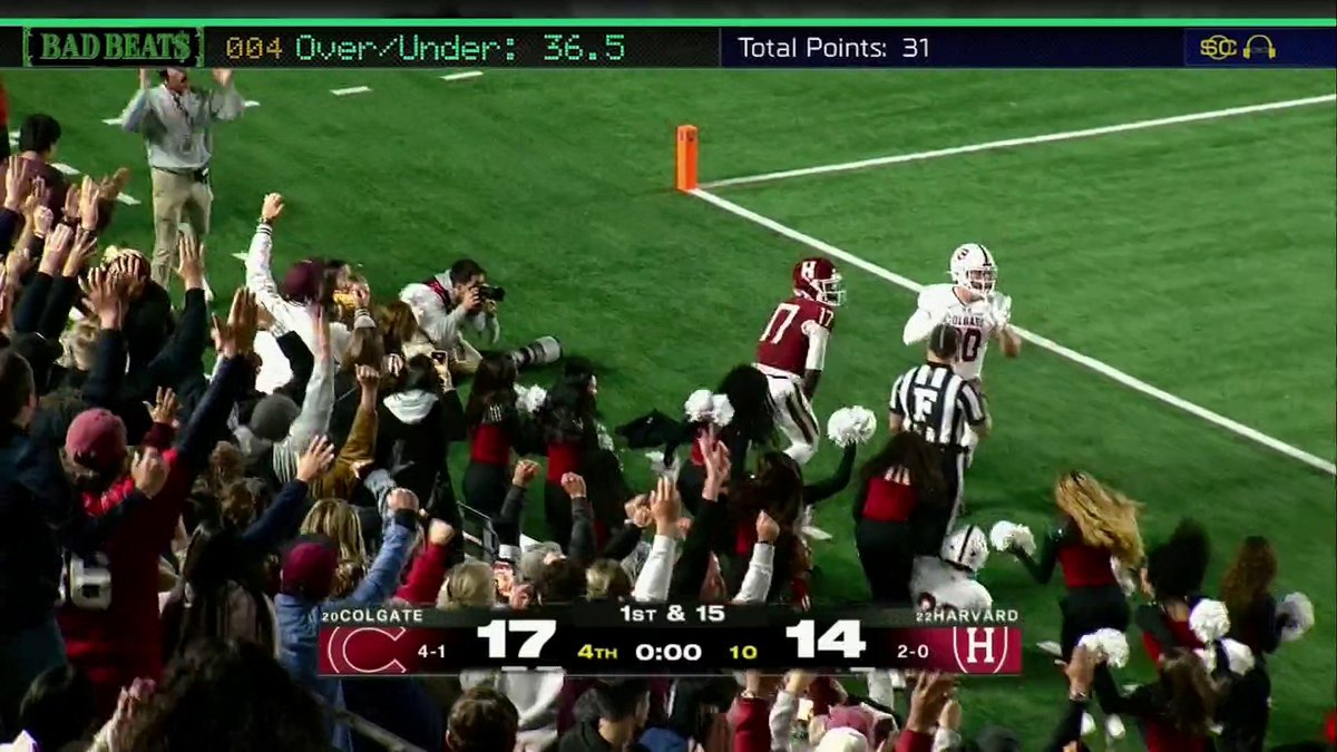 A referee and players stand on the field as Harvard fans erupt in celebration following the final play, with the scoreboard showing #20 Colgate defeating #22 Harvard 17-14 with 0:00 left in the 4th quarter, covering the over/under of 36.5 with a total of 31 points. The graphic contextualizes the post's "disgusting" bad beat, as Harvard backers who had the under saw Colgate's late score ruin their wagers.