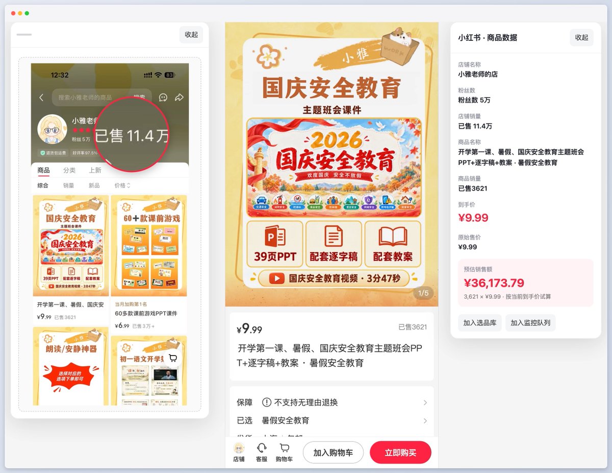 DongQingAsk's tweet photo. 因为前几天去香港，这半个月以来，心思都没有在工作上，感觉自己这波其实错过了一个热点
国庆安全教育PPT，这个店铺销量已经11.4万的销量
按照10元的客单价计算，单个店铺的营收可能已经过百万，看看后边还有什么节日 https://t.co/9UMK2y8Fwe
