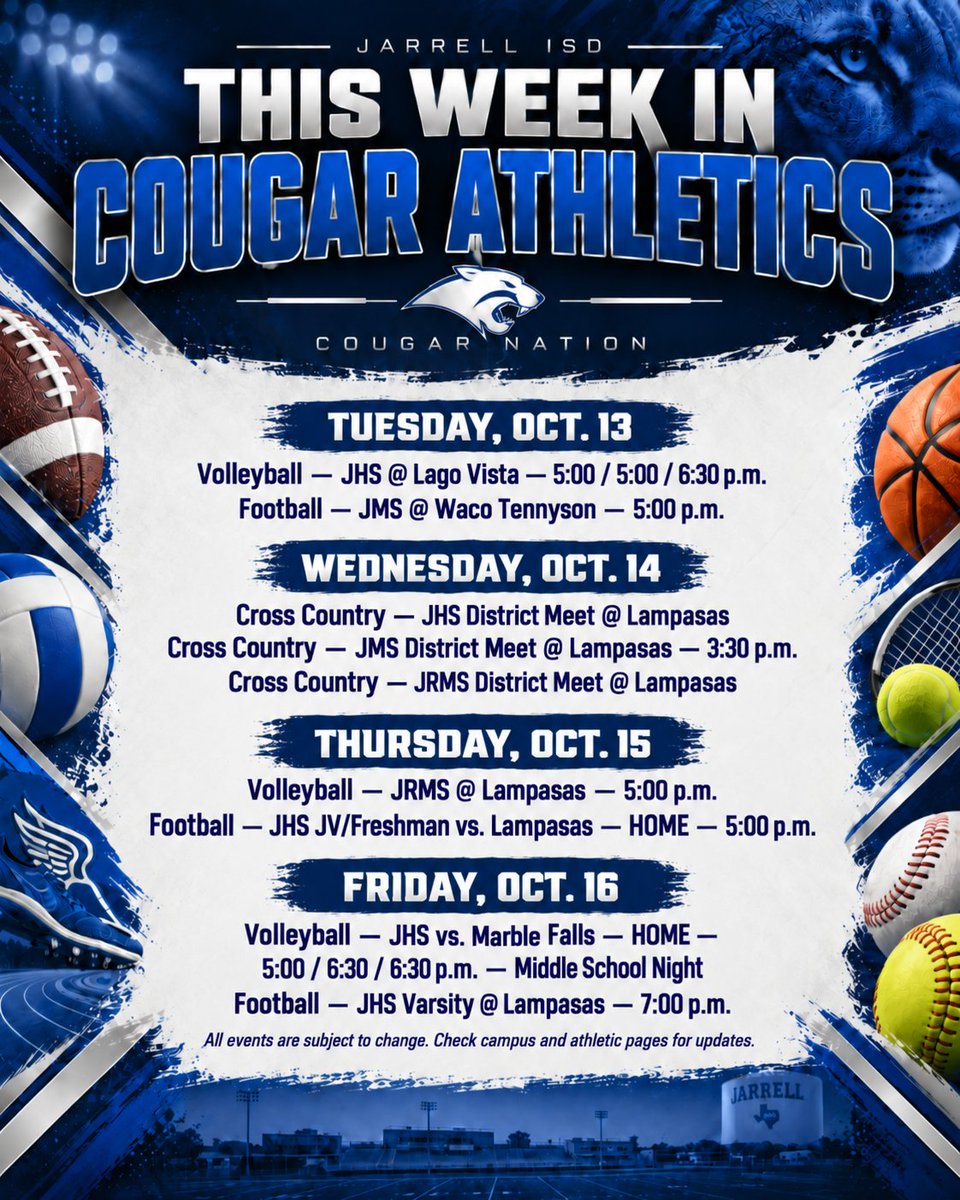 Jarrell_ISD's tweet photo. 💙 This Week in Cougar Athletics!
🏐 Tue: JHS VB @ Lago Vista
🏈 Tue: JMS FB @ Waco Tennyson
🏃 Wed: JHS/JMS/JRMS District XC @ Lampasas
🏐🏈 Thu: JRMS VB + JHS JV/F FB
🏐🏈 Fri: JHS VB vs. Marble Falls + Varsity FB @ Lampasas https://t.co/zucOMHHD1G