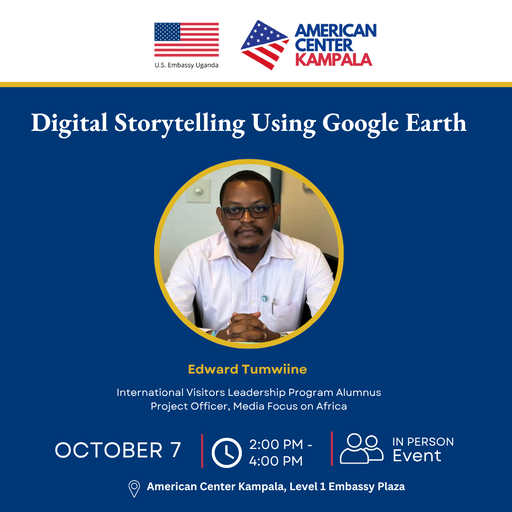 USEmbassyUganda's tweet photo. Learn to tell your story with Google Earth! 🌍 Join our hands-on workshop to map locations, add text, photos, and video to guide an audience through your story, stop by stop!

The session will be led by IVLP alumnus and digital communications consultant Tumwiine Edward Busobozi.

📅 Wed., Oct. 7

🕒 2:00–4:00 PM

📍 American Center Kampala, Level 1, Embassy Plaza, Kabalagala

Free Admission. Registration required: https://t.co/TFvbEdG5Vd