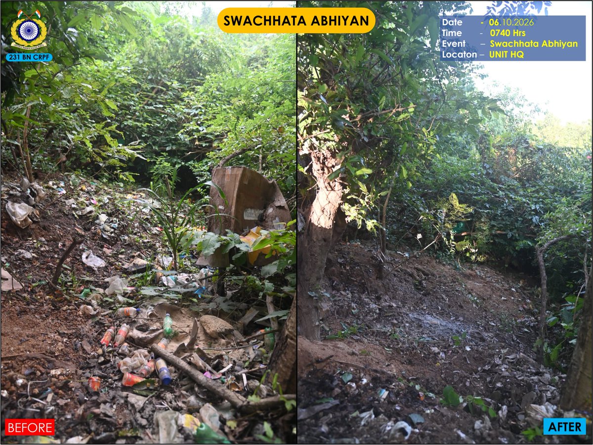 231bnCrpf's tweet photo. #SpecialCampaign6.0 के क्रम में, 231 वाहिनी के कार्मिकों ने मुख्यालय परिसर में कैंटीन के पीछे विशेष स्वच्छता अभियान चलाया! ☕🧹✨
स्वच्छता व स्वस्थ जीवनशैली का संदेश हर वर्ग तक पहुँचाने का सशक्त प्रयास। 🌿🇮🇳🤝
#CleanIndia #SwachhBharat #231BN https://t.co/OKe8PYIyLB
