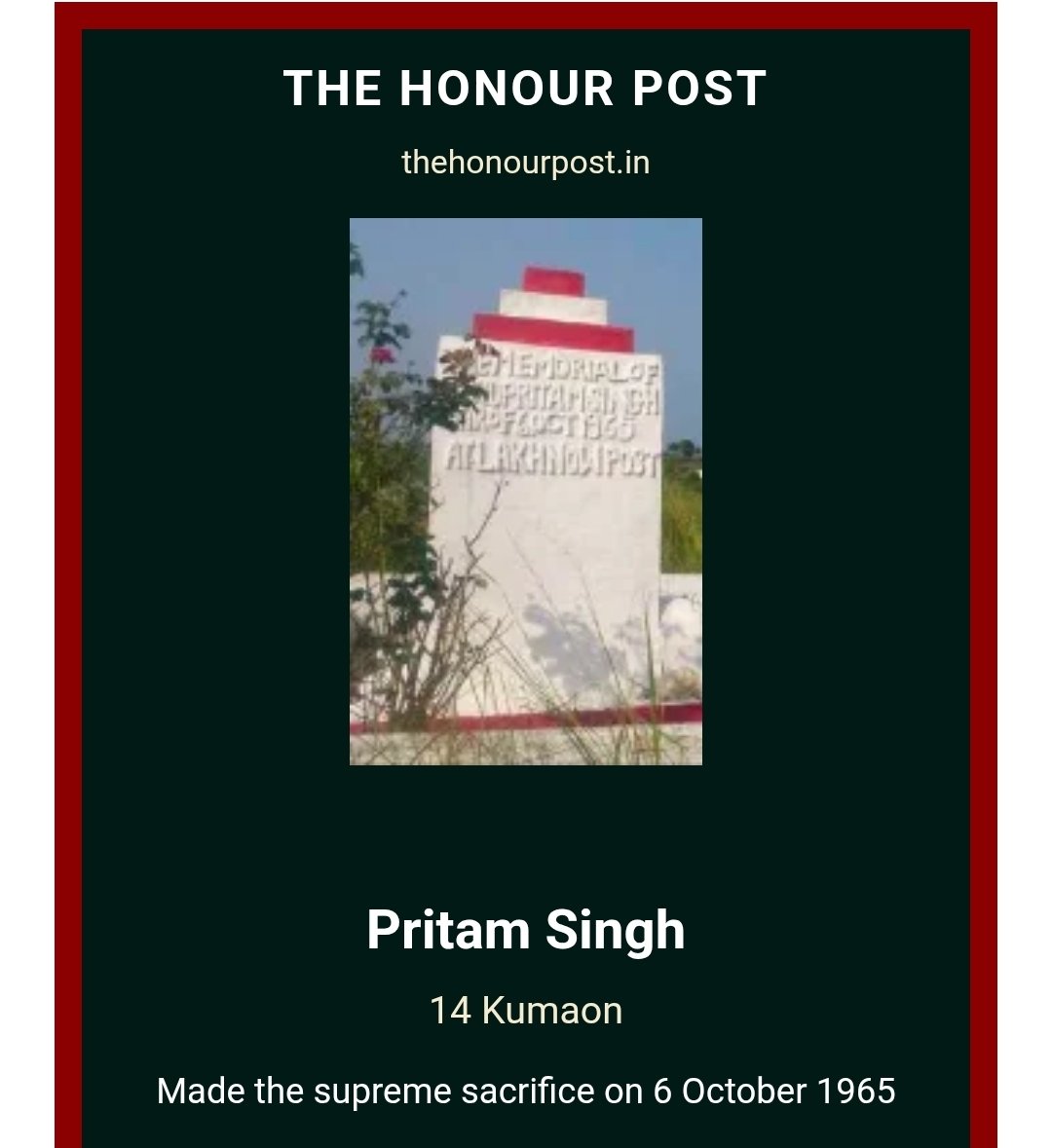 Thehonourpost's tweet photo. #knowyourheroes

The Braveheart of 14 Kumaon

#Thisday
In 1965
Pritam Singh made the supreme sacrifice on 6 October 1965 while serving the nation during the Indo-Pak War.

His service and sacrifice will always be remembered.

#TheHonourPost

https://t.co/wBvOd11FN7 https://t.co/n4IHTp5Qrw