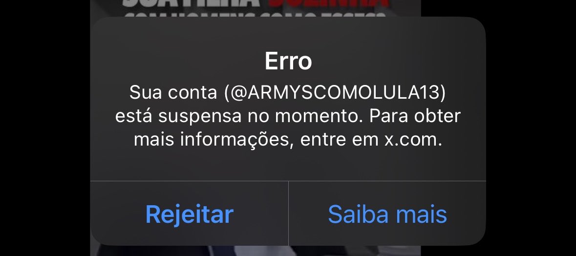 ARMYSCOMOLULA's tweet photo. Infelizmente nossa primeira conta no X foi derrubada sem motivo algum. Mas não iremos nos calar, isso só nos motiva mais a continuar esse projeto. Pelo bem do povo! 

#ArmysContraOBolsonarismo 
#Armyscomolula https://t.co/ntN15cgyDy