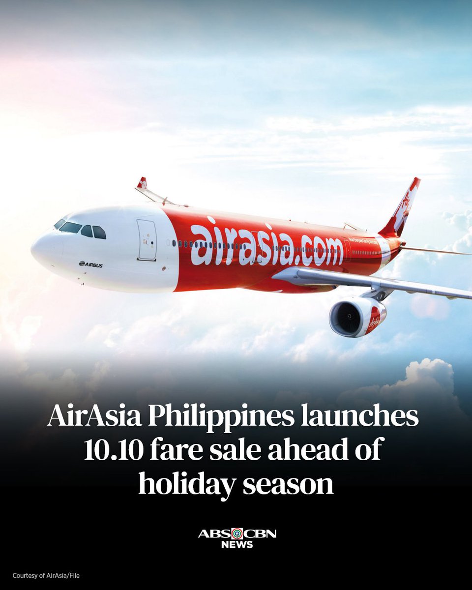 ABSCBNNews's tweet photo. I-BOOK MO NA ‘YANG FLIGHT NA ‘YAN!

Budget carrier AirAsia Philippines has launched a “10.10” double-digit sale, offering one-way domestic base fares starting at P160 from October 5 to 11 to capture expected demand before the Philippine holiday season. https://t.co/3NZcEpRAJg