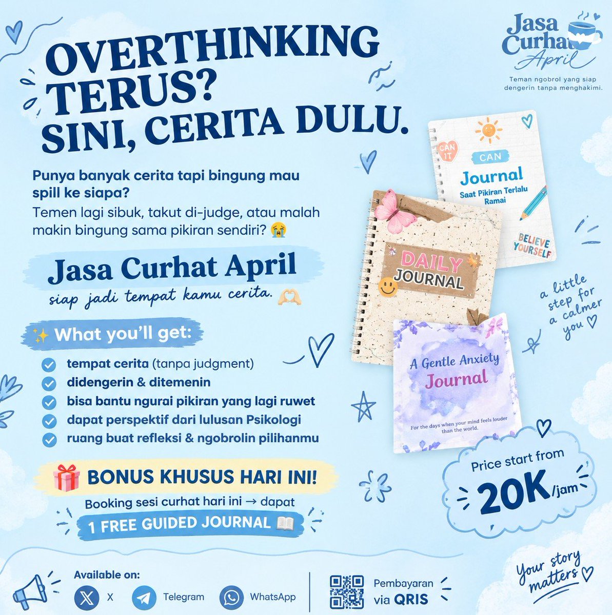Rossavelle__'s tweet photo. naik sepeda ke rumah Rani,
lupa jalan jadi muter lagi😭
kalo pikiranmu lagi berisik sendiri
sini cerita, biar nggak sendirian lagi💙

💌 jasa curhat April 
🧑🏻‍🎓 lulusan Psikologi
🎁 FREE 1 Guided Journal untuk sesi curhat hari ini! #jasacurhat #zonauang #bealanja #curhat https://t.co/XNhimlT25o