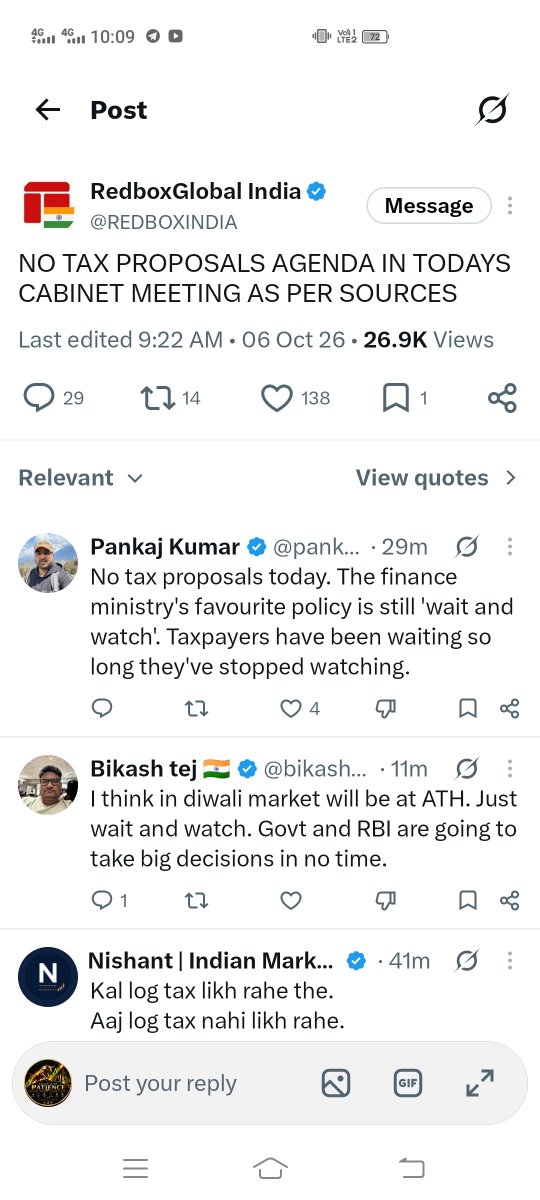 SwingPatience9's tweet photo. 🚨 NO TAX PROPOSALS TODAY!

The Cabinet meeting reportedly has NO tax proposals on today’s agenda.

So, for now: WAIT & WATCH. 👀

But one question remains:

Will taxpayers ever get tax relief, or will we simply keep waiting for it? 😶

The market is watching. 🇮🇳📊

#Tax #StockMarket #IndianStockMarket #Investing #Nifty50 #Sensex #Markets #India