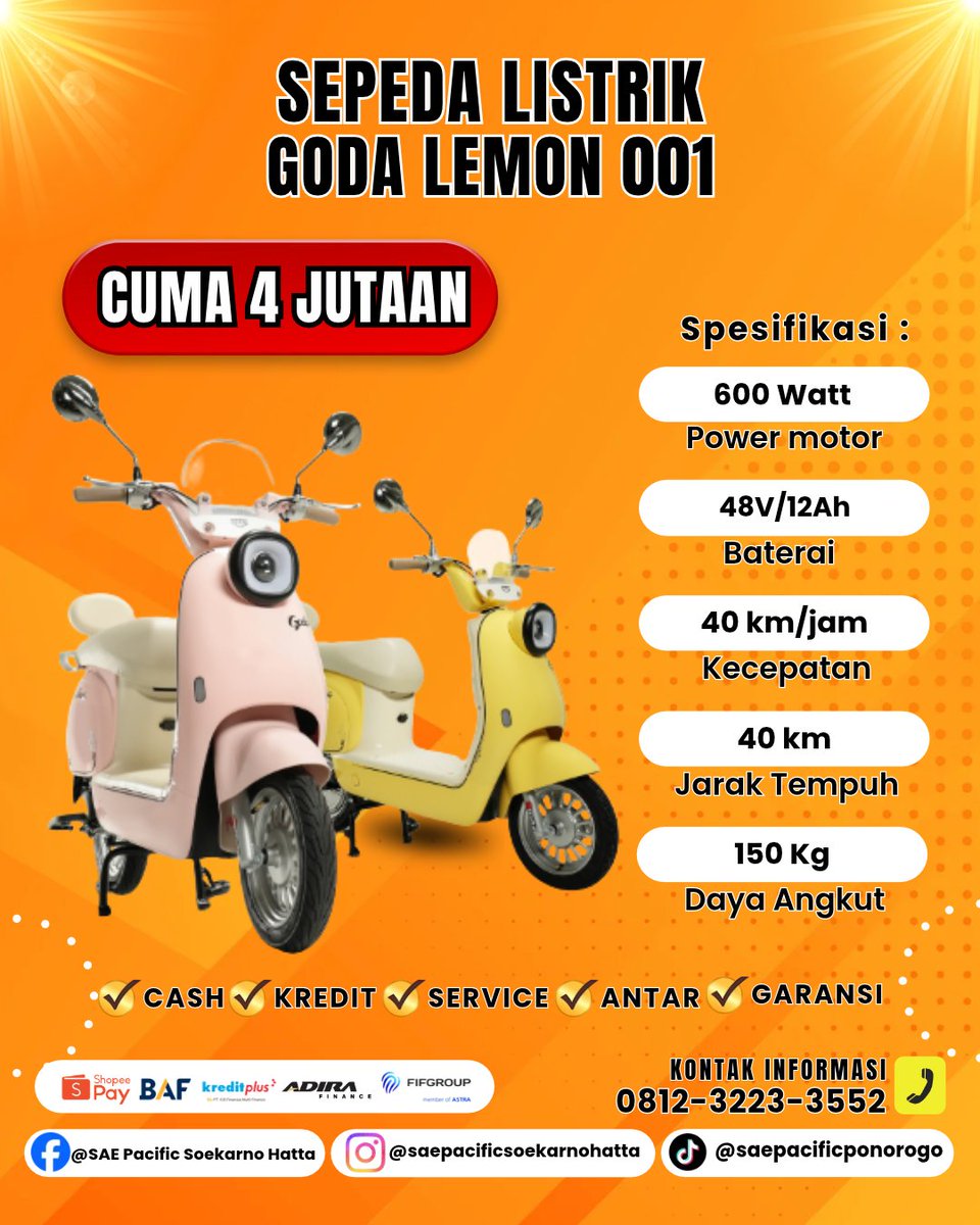 saepacific's tweet photo. Ready Sepeda Listrik Goda Lemon 001 promo 4 jutaan saja🤩🔥

#sepedaan #sepeda #gowes #sepedalipat #sepedaindonesia #motorlistrik #sepedalistrik #motorlistrikindonesia #sepedalistrikmurah #kendaraanlistrik #saeponorogo #ponorogo24jam #xybca #fyp #sepedalistrik #fyp #saeponorogo https://t.co/7xwzX7xVsv