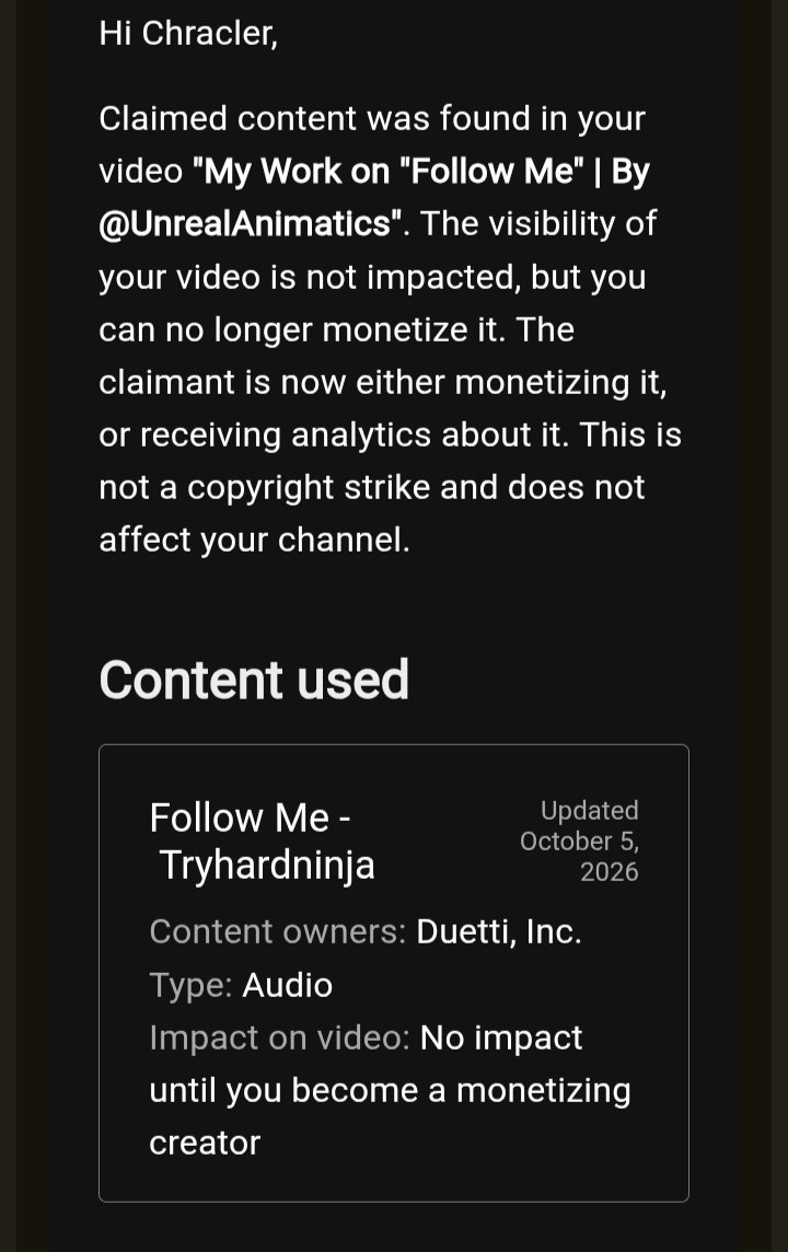 CChracler's tweet photo. this doesn't really matter but my vid got demonetized, i wasn't earning anything from it or any of my past videos, but this is really showing me that in the future I won't use these songs or ill have to ask before using it. https://t.co/jjXQhZnkO7