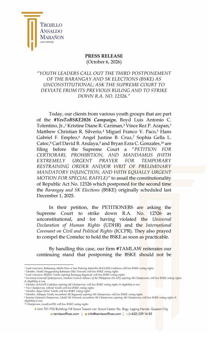 13thFool's tweet photo. Today, in behalf of the #YesToBSKE2026 Campaign coalition, we are filing our Petition before the Supreme Court to assail the constitutionality of R.A. No. 12326 which postponed for the second time the Barangay and SK Elections (BSKE) originally scheduled last December 1, 2025. https://t.co/H8qvcSo5D2