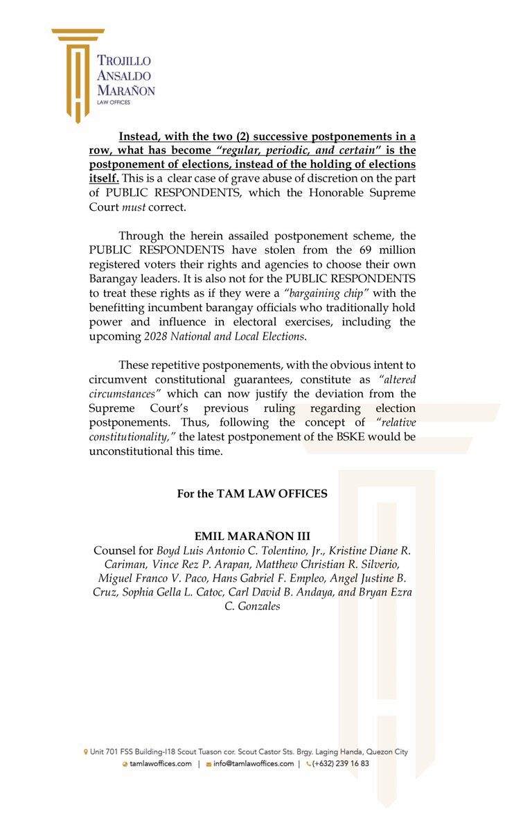 13thFool's tweet photo. Today, in behalf of the #YesToBSKE2026 Campaign coalition, we are filing our Petition before the Supreme Court to assail the constitutionality of R.A. No. 12326 which postponed for the second time the Barangay and SK Elections (BSKE) originally scheduled last December 1, 2025. https://t.co/H8qvcSo5D2