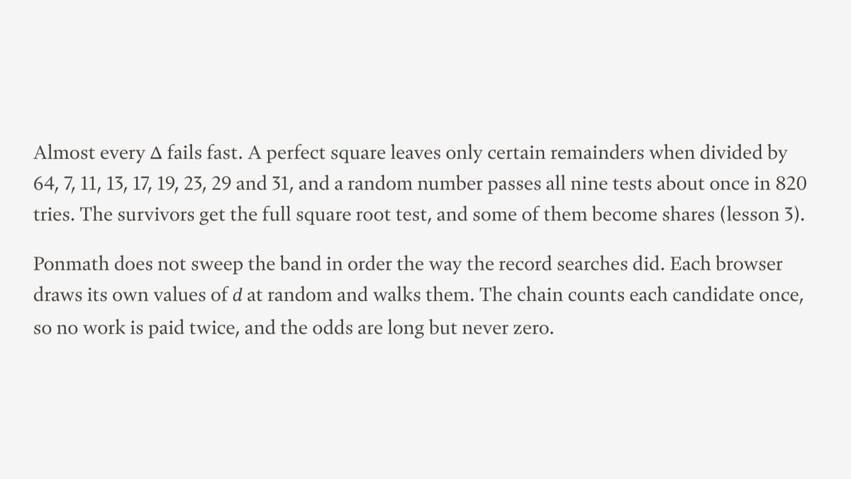 PonmathClass's tweet photo. For each z: q = (114 − z³)/d and Δ = (4q − d²)/3. A solution needs Δ to be a perfect square.

Nine cheap tests come first, remainders mod 64, 7, 11, 13, 17, 19, 23, 29 and 31, and almost every Δ fails one. Only the survivors get a full square root. https://t.co/SoZ0fJw24t